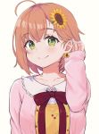  1girl adjusting_hair arm_up blush bow breasts brown_hair closed_mouth collarbone earrings eyebrows_visible_through_hair flower green_eyes hair_flower hair_ornament highres honma_himawari jewelry long_sleeves looking_at_viewer medium_breasts natsunoiroha nijisanji red_bow short_hair smile solo sunflower_hair_ornament upper_body virtual_youtuber 