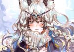  1girl animal_ear_fluff animal_ears arknights bead_necklace beads black_cloak black_hair braid circlet cloak closed_mouth english_commentary eyebrows_visible_through_hair eyelashes grey_eyes hair_between_eyes jewelry leopard_ears lips long_hair looking_at_viewer multicolored_hair necklace portrait pramanix_(arknights) ribbed_sweater side_braids silver_hair solo streaked_hair sweater turtleneck turtleneck_sweater twin_braids twitter_username two-tone_hair white_sweater wind yamoo_(oyakorodesu) 
