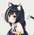  1girl :3 animal_ear_fluff animal_ears anz32 bangs bare_shoulders black_hair blush cat_ears cat_girl cat_tail closed_mouth collared_shirt commentary_request eighth_note eyebrows_visible_through_hair green_eyes grey_background kyaru_(princess_connect) long_hair looking_at_viewer looking_to_the_side musical_note princess_connect! princess_connect!_re:dive shirt simple_background sleeveless sleeveless_shirt smile solo tail tail_raised twitter_username upper_body v-shaped_eyebrows white_shirt 