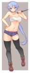  1girl amasaki_ryouko blue_eyes blue_hair blue_shorts breasts cracklecradle denim denim_shorts full_body highres knife legs long_hair looking_at_viewer navel ponytail sai_koro short_shorts shorts solo strapless thigh-highs tubetop white_tubetop 