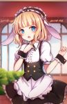  1girl :o animal_ears bangs black_dress blonde_hair blue_eyes blush breasts bunny_girl commentary_request dress eyebrows_visible_through_hair frills highres looking_at_viewer maid_dress maid_headdress nao_(okt8538) open_mouth original rabbit_ears short_sleeves small_breasts solo wrist_cuffs 