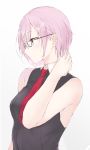  1girl bare_shoulders black_dress breasts commentary_request dress eyebrows_visible_through_hair fate/grand_order fate_(series) glasses hair_over_one_eye highres large_breasts mash_kyrielight necktie parusu_(ehyfhugj) red_neckwear short_hair simple_background solo upper_body violet_eyes white_background 