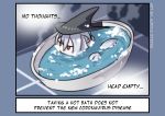  1girl absurdres acrylicstroke0205 arknights bathroom bathtub english_commentary english_text hat highres long_hair red_eyes skadi_(arknights) steam swimming white_hair 