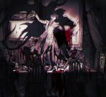  6+boys alcohol blood candelabra candle chair closed_eyes closed_mouth cup curtains dancing death demon_tail demon_wings drinking_glass highres indoors male_focus monochrome multiple_boys original pigeon666 portrait red_theme sitting spill standing table tail wine wine_glass wings 
