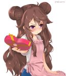  1girl absurdres amane_(dragalia_lost) apron blush box brown_hair closed_mouth double_bun dragalia_lost frills furrowed_eyebrows giving heart-shaped_box highres long_hair looking_away mofusannnn pink_apron shirt simple_background solo tsundere valentine violet_eyes white_background white_shirt 