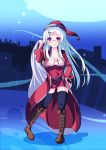  1girl breasts christmas commentary_request cross cross_necklace dress glasses hat hayate_no_gotoku! highres jewelry large_breasts long_hair looking_at_viewer makimura_shiori necklace night niyadepa red_dress santa_costume santa_hat smile solo violet_eyes 