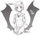  1girl animal_ears blush breasts character_request chinese_text ejami extra_arms greyscale looking_at_viewer monochrome short_hair simple_background solo translation_request white_background wings 