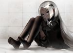  1girl black_legwear dark_skin elisa_(girls_frontline) expressionless girls_frontline grey_eyes highres long_hair looking_at_viewer pantyhose sangvis_ferri sepia545 sitting solo very_long_hair white_hair 