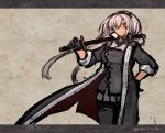  1girl bangs black_gloves border breasts closed_mouth coat dark_skin double-breasted eyebrows_visible_through_hair glasses gloves hand_on_hip holding holding_sword holding_weapon kantai_collection katana long_hair musashi_(kantai_collection) over_shoulder pleated_skirt remodel_(kantai_collection) sheath sheathed silver_hair simple_background skirt solo sword twitter_username weapon weapon_over_shoulder wss_(nicoseiga19993411) 