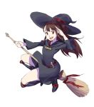  1girl :d belt boots broom broom_riding brown_eyes brown_hair dress floating_hair flying from_side full_body hat high_heel_boots high_heels highres kagari_atsuko little_witch_academia long_hair long_sleeves looking_at_viewer looking_to_the_side open_mouth purple_dress purple_footwear purple_headwear ruukii_drift simple_background smile solo wand white_background witch_hat 
