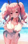  1girl :q azur_lane bangs bare_shoulders beach blue_sky bow breasts bremerton_(azur_lane) bremerton_(scorching-hot_training)_(azur_lane) clouds collarbone collared_shirt commentary_request cowboy_shot day grey_hair hair_between_eyes hair_bow hair_ornament hairclip heart heart_necklace hinaki_(hinaki_0102) large_breasts leaning_forward long_hair miniskirt mole mole_under_eye multicolored_hair ocean outdoors partial_commentary pink_hair pleated_skirt shirt skirt sky sleeveless sleeveless_shirt smile solo sportswear standing streaked_hair sweat tennis_uniform thighs tongue tongue_out twintails two-tone_hair two-tone_shirt two-tone_skirt wet wet_clothes x_hair_ornament 