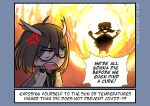  2girls absurdres acrylicstroke0205 anger_vein angry arknights brown_hair english_commentary english_text glasses highres ifrit_(arknights) multiple_girls outdoors owl_ears short_hair silence_(arknights) silhouette sunlight 