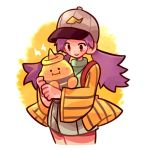  1girl baseball_cap beta_pokemon commentary elebaby english_commentary hat holding holding_pokemon kindness_art looking_at_another nanako_(pokemon) pokemon pokemon_(anime) pokemon_(classic_anime) pokemon_(creature) pokemon_(game) pokemon_gsc pokemon_gsc_beta purple_hair simple_background smile 