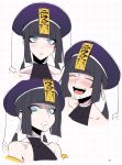  1girl :d bangs bare_shoulders black_hair blue_eyes blunt_bangs drooling expressions eyebrows_visible_through_hair fang hat highres j.k. jiangshi looking_at_viewer mei-mei_(j.k.) multiple_views ofuda ofuda_on_clothes open_mouth original page_number parted_lips purple_headwear saliva saliva_trail shaded_face simple_background smile twintails white_background 