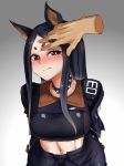  1girl abs absurdres animal_ears arknights arms_behind_back bangs black_hair black_jacket black_pants blush breasts brown_eyes chinese_commentary choker closed_mouth collar cowboy_shot crop_top disembodied_limb dobermann_(arknights) dog_ears gradient gradient_background grey_background hand_on_another&#039;s_face highres jacket large_breasts long_hair looking_at_viewer midriff mole mole_under_eye navel pants parted_bangs simple_background solo_focus spiked_choker spiked_collar spikes straight_hair sweat sweatdrop thick_eyebrows wenzheng147 