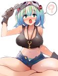  1girl :o ? adjustable_wrench aqua_eyes aqua_hair black_gloves black_tank_top blush breasts commentary_request covered_nipples crop_top denim denim_shorts eyebrows_visible_through_hair gloves goggles goggles_on_head hair_bobbles hair_ornament highres indian_style jewelry kamukamu_(ars) kawashiro_nitori key midriff navel necklace no_hat no_headwear open_mouth panties pantyshot short_shorts shorts simple_background sitting solo spoken_question_mark striped striped_panties tank_top touhou two_side_up unbuttoned underwear white_background wrench 