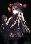  1girl abigail_williams_(fate/grand_order) absurdres animal_hood black_bow bow commentary commission english_commentary fate/grand_order fate_(series) glowing glowing_eyes highres hood jin_grey_paladin long_hair onesie orange_bow pale_skin pink_eyes polka_dot polka_dot_bow red_eyes shaded_face sleeves_past_wrists solo third_eye white_hair white_skin 