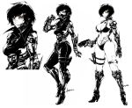  1girl andyface arm_blade bikini breasts collage commentary cyborg english_commentary exposed_muscle full_body gun handgun handy_ace_(andyface) high_contrast highres holding holding_gun holding_weapon holster jacket large_breasts leather leather_jacket leather_pants mechanical_arms mechanical_legs orange_eyes original pants pile_bunker scar scar_across_eye short_hair solo spot_color stitches swimsuit thigh_holster weapon 