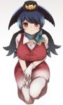  1girl absurdres aqua_hair bangs black_hair breasts brown_eyes collared_shirt eyebrows_visible_through_hair gloves head_wings highres japari_symbol kemono_friends large_breasts long_hair looking_at_viewer multicolored_hair pantyhose passenger_pigeon_(kemono_friends) puffy_short_sleeves puffy_sleeves shirt short_sleeves solo squatting swept_bangs tail_or thick_thighs thighs twintails two-tone_hair vest white_gloves white_legwear white_shirt 
