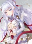  +_+ 1girl azur_lane bangs blue_eyes blush breasts cape crossed_bangs double_bun dress epaulettes expressionless eyebrows_visible_through_hair hair_ornament hands_clasped hinot le_malin_(azur_lane) long_hair looking_at_viewer own_hands_together pantyhose ribbon short_dress sidelocks small_breasts solo thighband_pantyhose underboob_cutout white_dress white_hair white_legwear 