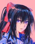  1girl black_hair blue_dress bow dress hair_between_eyes hair_bow looking_at_viewer noccu noihara_himari omamori_himari parted_lips pink_background ponytail red_bow simple_background solo violet_eyes 