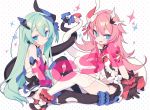  2girls :d absurdres asymmetrical_horns bangs bare_shoulders black_dress black_gloves black_legwear blade_(galaxist) blue_eyes blush bow breasts closed_mouth dress eyebrows_visible_through_hair fang flower garter_straps gloves green_hair hair_between_eyes hair_ornament highres honkai_(series) honkai_impact_3rd intertwined_tails liliya_olenyeva long_hair looking_at_viewer mechanical_horns mechanical_tail mismatched_gloves multiple_girls open_clothes open_dress open_mouth pink_hair polka_dot polka_dot_background red_bow red_flower red_rose rose rozaliya_olenyeva short_eyebrows siblings small_breasts smile sparkle symbol-shaped_pupils tail thick_eyebrows thigh-highs twins very_long_hair watermark white_background white_legwear 