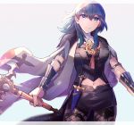  1girl armor black_shorts blue_eyes blue_hair byleth_(fire_emblem) byleth_eisner_(female) closed_mouth dagger fire_emblem fire_emblem:_three_houses highres holding holding_sword holding_weapon m1n0f2e1 navel_cutout pantyhose sheath sheathed short_shorts shorts simple_background solo sword weapon 