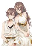  1boy 1girl adele_(fate) armlet bangs bare_shoulders bracelet breasts brown_hair closed_mouth collarbone dress fate/grand_order fate_(series) green_eyes hair_between_eyes highres jewelry karen_ngao long_hair looking_at_viewer makarios_(fate) medium_breasts short_hair simple_background white_background white_dress white_robe 