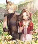  1boy 1girl aerith_gainsborough bangs bare_shoulders basket blonde_hair blue_eyes blush bow braid breasts brown_hair cloud_strife collarbone commentary_request dress earrings eyebrows_visible_through_hair final_fantasy final_fantasy_vii flower frown gloves green_eyes highres holding holding_basket jacket jewelry long_hair looking_at_viewer momoko_(momopoco) outdoors pants pink_dress red_jacket ribbon short_sleeves sleeveless smile spiky_hair sword weapon white_dress yellow_flower 