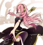  1girl aqua_nails asagao_minoru belt black_legwear black_shirt black_skirt circle cityscape closed_eyes commentary cowboy_shot double_lariat_(vocaloid) foreshortening from_side gold_trim headphones highres light_blush megurine_luka nail_polish open_mouth outstretched_arms pink_hair shirt signature single_sleeve skirt smile solo spinning thigh-highs vocaloid zettai_ryouiki 