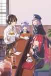  1boy 3girls ainarela animal_ears black_bow black_capelet black_headwear black_skirt book bow brown_eyes capelet cat_ears cat_tail chair coffee coffee_cup coffee_pot cup day disposable_cup egg food glass hat highres houkago_wa_isekai_kissa_de_coffee_wo indoors linaria_(isekai_coffee) long_hair looking_at_viewer medium_hair multiple_girls plant potted_plant purple_hair redhead sandwich shirt sidelocks sitting skirt standing sugar_bowl tail white_shirt window yu_(isekai_coffee) 