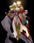  1girl adapted_costume aestus_estus asymmetrical_clothes black_background blonde_hair cape epaulettes fate/extra fate_(series) gauntlets greaves green_eyes green_hair hair_ornament hair_over_one_eye head_wreath highres nero_claudius_(fate)_(all) pauldrons single_gauntlet solo sword tenobe weapon 