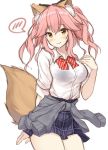  1girl animal_ear_fluff animal_ears arm_behind_back blue_skirt blush bow bowtie bra brown_eyes closed_mouth clothes_around_waist collared_shirt cowboy_shot exe_(xe) fate/grand_order fate_(series) fox_ears fox_tail hand_up jacket_around_waist long_sleeves looking_at_viewer pink_hair pleated_skirt red_neckwear see-through shirt simple_background skirt smile solo spoken_blush standing tail tamamo_(fate)_(all) tamamo_jk_(fate) twintails underwear white_background white_shirt wing_collar 