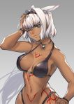  1girl bikini black_bikini blue_eyes body_markings breasts caenis_(fate) cowboy_shot dark_skin dog_tags fate/grand_order fate_(series) grey_background hair_intakes headband highleg highleg_bikini highres large_breasts long_hair navel one_eye_closed silver_hair smile solo soratobu_mame. swimsuit tattoo wristband 