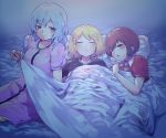  3girls :o =_= alternate_costume arm_up asa_(ces6ces8) black_shirt blonde_hair blue_background blue_eyes blush bob_cut brown_hair commentary_request eyebrows_visible_through_hair futon head_on_pillow highres looking_at_viewer lunasa_prismriver lying lyrica_prismriver merlin_prismriver multiple_girls nightgown no_headwear on_back one_eye_closed pillow pink_nightgown red_shirt shared_blanket shirt short_hair short_sleeves siblings silver_hair sisters sleeping smile touhou under_covers 
