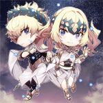  1boy 1girl armlet black_shirt blonde_hair blue_eyes bracelet bracer breasts bridal_gauntlets brother_and_sister castor_(fate/grand_order) chibi closed_mouth collar diadem fate/grand_order fate_(series) highres holding_hands interlocked_fingers jewelry looking_at_viewer medium_hair metal_collar navel no-kan parted_lips pollux_(fate/grand_order) sandals shirt short_hair siblings sky small_breasts star_(sky) starry_sky twins white_robe 