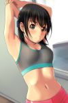  1girl absurdres armpits arms_behind_head arms_up bangs bare_arms bare_shoulders black_hair blue_scrunchie blush breasts brown_eyes closed_mouth collarbone crop_top eyebrows_visible_through_hair hair_ornament hair_scrunchie highres looking_at_viewer matsunaga_kouyou midriff navel nose_blush original pants pink_pants scrunchie short_twintails sidelocks small_breasts smile solo stretch twintails 