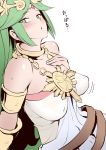  1girl absurdres armlet bare_shoulders blush breasts circlet covered_nipples green_eyes greyscale highres jewelry kid_icarus long_hair looking_at_viewer manno_(kanpi2100) monochrome necklace palutena simple_background solo white_background 