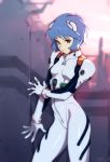  1girl ayanami_rei blue_hair bodysuit breasts closed_mouth commentary cowboy_shot english_commentary gloves hair_ornament looking_at_viewer neon_genesis_evangelion optionaltypo plugsuit red_eyes ruins short_hair signature skin_tight small_breasts solo white_bodysuit white_gloves 