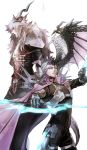  2boys abs armor bangs blue_eyes blue_hair cape chest dark_skin dark_skinned_male fate/apocrypha fate/grand_order fate_(series) fighting_stance glasses green_eyes highres horns kuroda_matsurika long_hair looking_at_viewer male_focus mini_wings multicolored_hair multiple_boys open_mouth pectorals platinum_blonde_hair revealing_clothes short_hair shoulder_armor shoulder_spikes siegfried_(fate) sigurd_(fate/grand_order) simple_background spikes spiky_hair sword weapon white_hair wings 