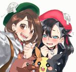  2girls :d asymmetrical_bangs asymmetrical_hair bangs black_choker blue_eyes blush breasts brown_eyes brown_hair choker commentary_request eyebrows_visible_through_hair gen_8_pokemon greedent green_headwear hat jacket long_sleeves looking_at_viewer mary_(pokemon) medium_hair morpeko multiple_girls ooshio7734 open_mouth pokemon pokemon_(game) pokemon_swsh red_headwear short_hair smile sweat swept_bangs tam_o&#039;_shanter teeth thumbs_up tongue undercut upper_body yuuri_(pokemon) 