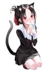  1girl animal_ear_fluff animal_ears bangs bare_legs black_dress blush breasts brown_footwear cat_ears cat_tail commentary dress eyebrows_visible_through_hair eyelashes full_body hair_ribbon highres kaguya-sama_wa_kokurasetai_~tensai-tachi_no_renai_zunousen~ kemonomimi_mode looking_at_viewer nabi_(uz02) neck_ribbon open_mouth parted_bangs red_eyes red_ribbon ribbon school_uniform shinomiya_kaguya shoes short_dress short_hair simple_background small_breasts solo squatting sweat tail thighs white_background wrist_cuffs 