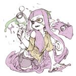  1girl :d bike_shorts blush cephalopod_eyes cowboy_shot domino_mask gun highres holding holding_gun holding_weapon inkling kosuke_orz mask open_mouth pink_hair shirt short_sleeves simple_background single_bare_shoulder smile solo splatoon_(series) squid tentacle_hair weapon wet wet_clothes wet_shirt white_background yellow_shirt 