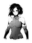  1girl andyface biceps breasts commentary covered_navel cropped_arms cyborg english_commentary facepaint gally greyscale gunnm high_contrast highres leotard looking_at_viewer mechanical_arms medium_breasts metal_skin monochrome muscle muscular_female short_hair skin_tight solo upper_body 