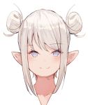 1girl bangs blue_eyes blush closed_mouth collarbone commentary_request double_bun eyebrows_visible_through_hair final_fantasy final_fantasy_xiv lalafell long_hair pointy_ears portrait sidelocks silver_hair simple_background smile solo tota_(sizukurubiks) white_background 