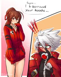  1boy 1girl ahoge antenna_hair blazblue blood blush celica_a_mercury commission dootmoon hair_ribbon highres hood hoodie looking_away naked_hoodie nosebleed ragna_the_bloodedge red_hoodie ribbon shy white_hair 