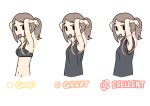  1girl armpits arms_behind_head black_bra black_eyes bra brown_hair commentary english_text juukyuu mouth_hold original ponytail shirt solid_circle_eyes t-shirt tank_top underwear upper_body white_shirt 