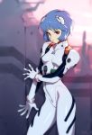  1girl ayanami_rei blue_hair bodysuit breasts closed_mouth commentary cowboy_shot english_commentary gloves hair_ornament looking_at_viewer neon_genesis_evangelion optionaltypo plugsuit red_eyes revision ruins short_hair signature skin_tight small_breasts solo white_bodysuit white_gloves 
