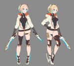  1girl animal_ears blonde_hair blue_eyes commentary_request dual_wielding fake_animal_ears full_body highres holding hood hoodie knife kukri leotard nagisa_kurousagi no_pants original science_fiction short_hair simple_background 