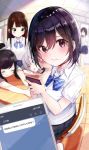  bangs cellphone classroom desk highres line_(naver) looking_at_viewer original phone rouka_(akatyann) school_uniform short_hair short_sleeves smartphone 